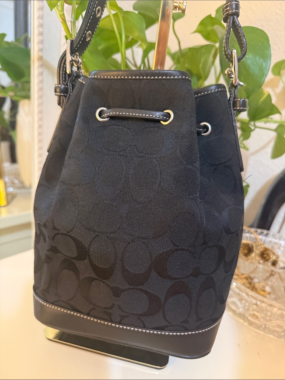 Vintage Coach Black Signature in canvas Jacquard  Bucket Bag - Picture 5 of 16